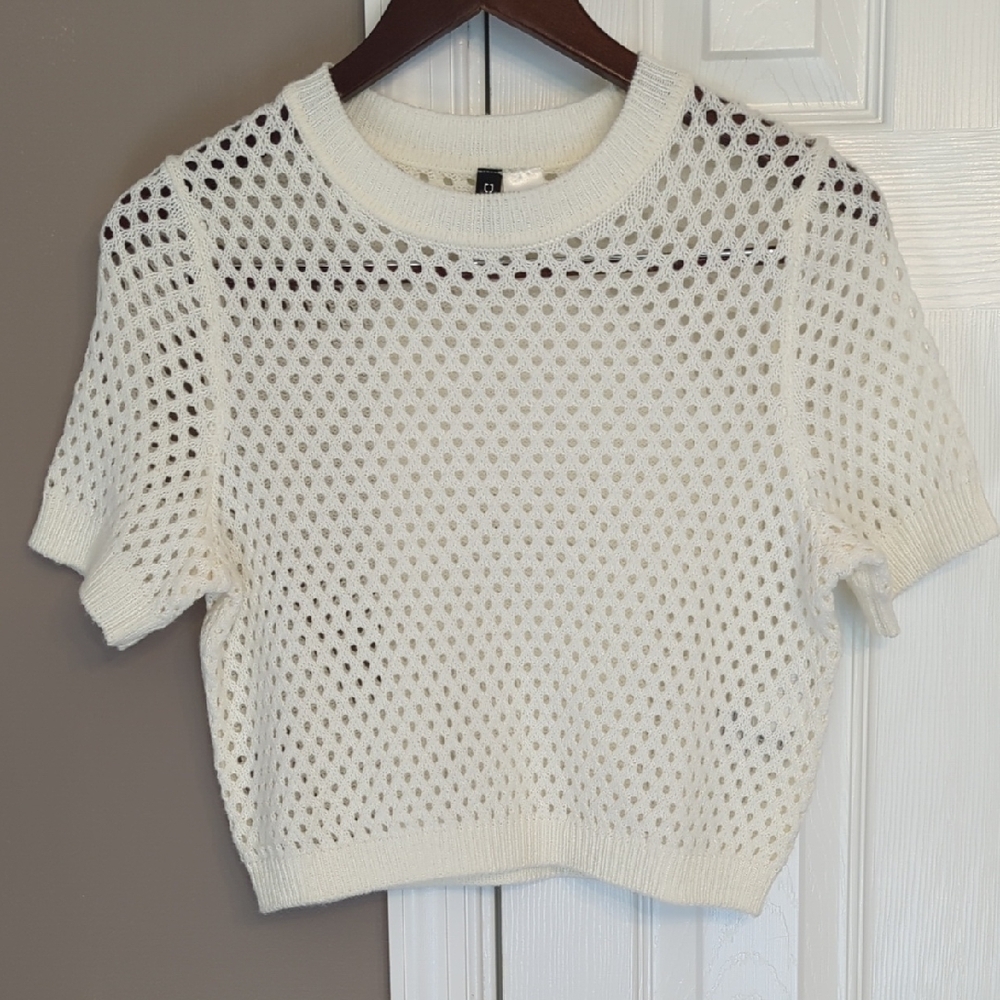 H&M Cream Open-Knit Cropped Sweater Boho Coastal Grandma Summer Crochet Sweater